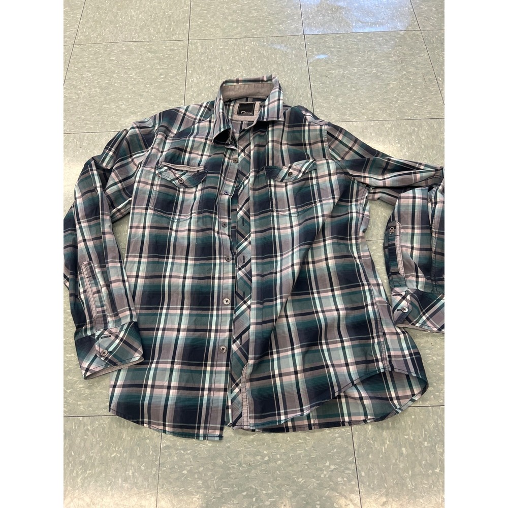7 Diamonds Mens Plaid Long Sleeve Button Up Shirt‎ Size L Green Blue Gray